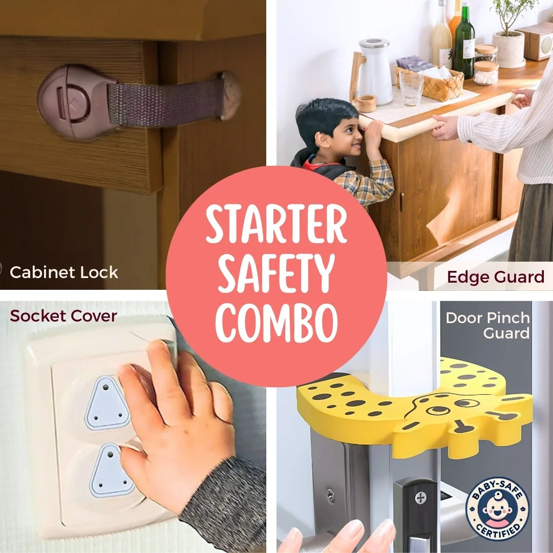 Starter Safety Combo for Household Hazards – Baby Proofing Kit with 19ft Edge Guard, Cabinet Locks, Socket Covers & Door Guards | Starter Safety Combo