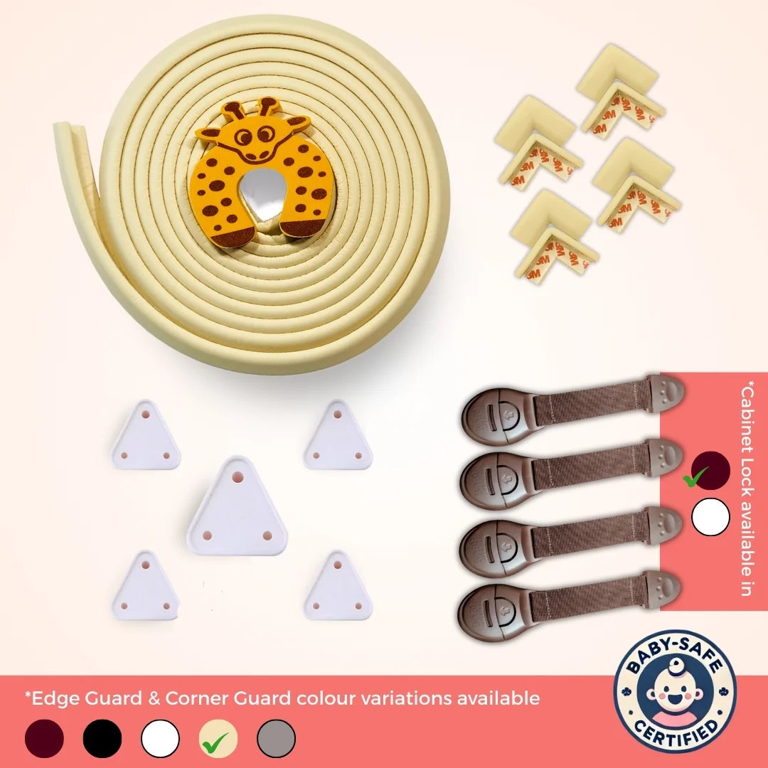 Starter Safety Combo for Household Hazards – Baby Proofing Kit with 19ft Edge Guard, Cabinet Locks, Socket Covers & Door Guards | Starter Safety Combo