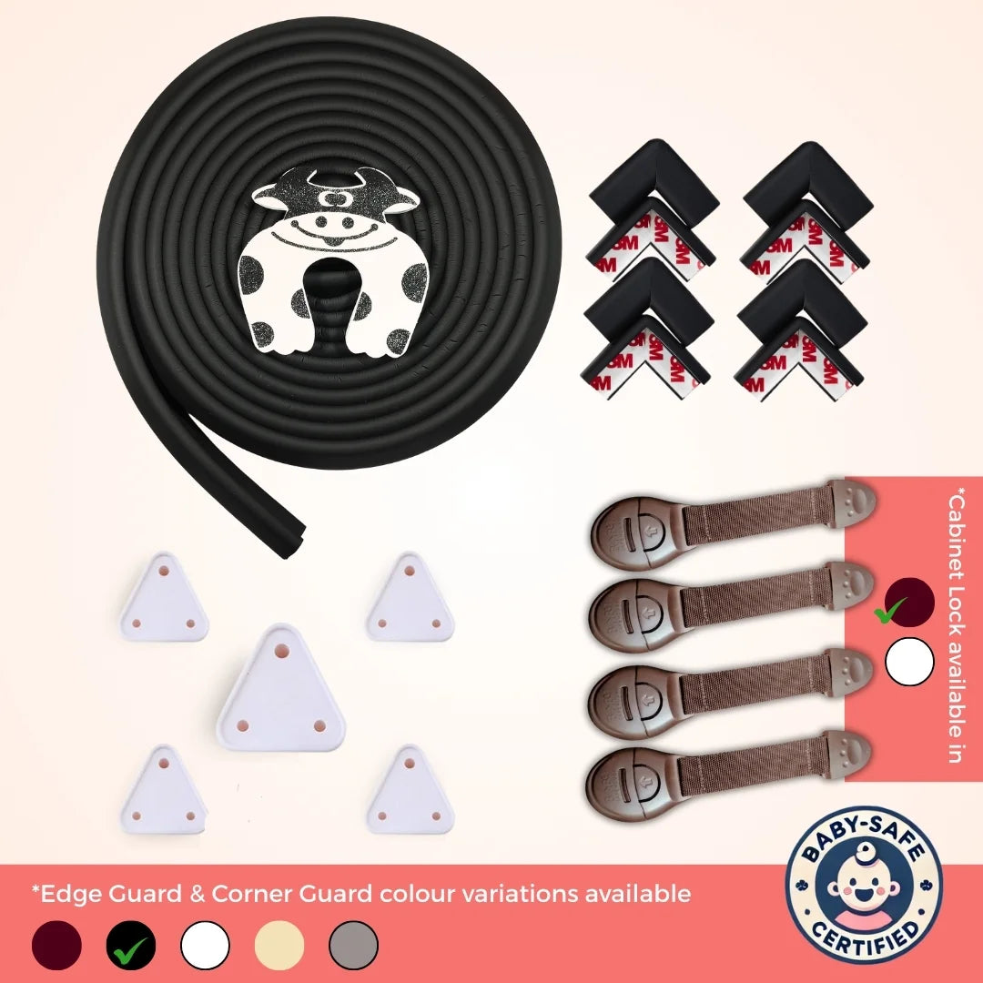 Starter Safety Combo for Household Hazards – Baby Proofing Kit with 19ft Edge Guard, Cabinet Locks, Socket Covers & Door Guards | Starter Safety Combo