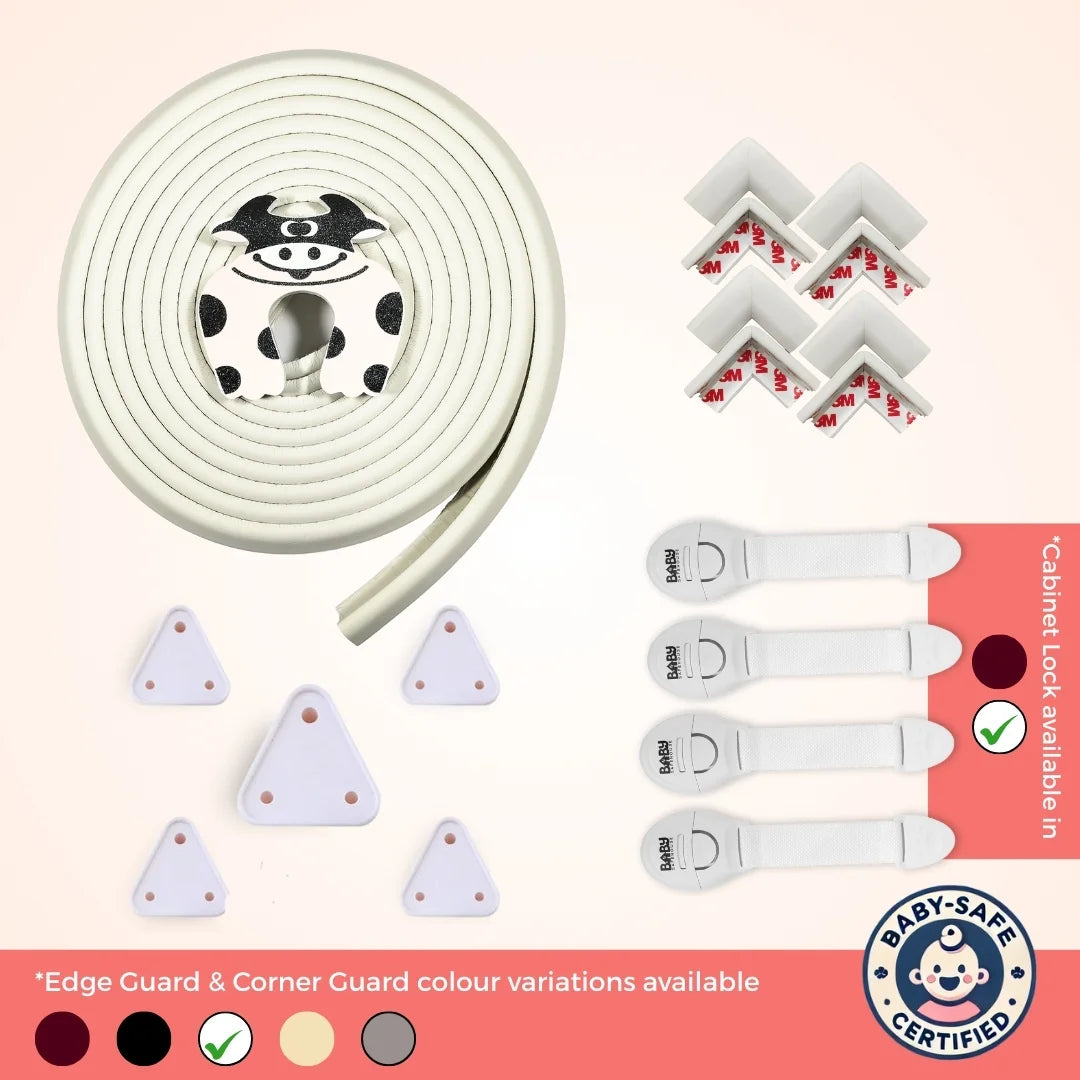 Starter Safety Combo for Household Hazards – Baby Proofing Kit with 19ft Edge Guard, Cabinet Locks, Socket Covers & Door Guards | Starter Safety Combo