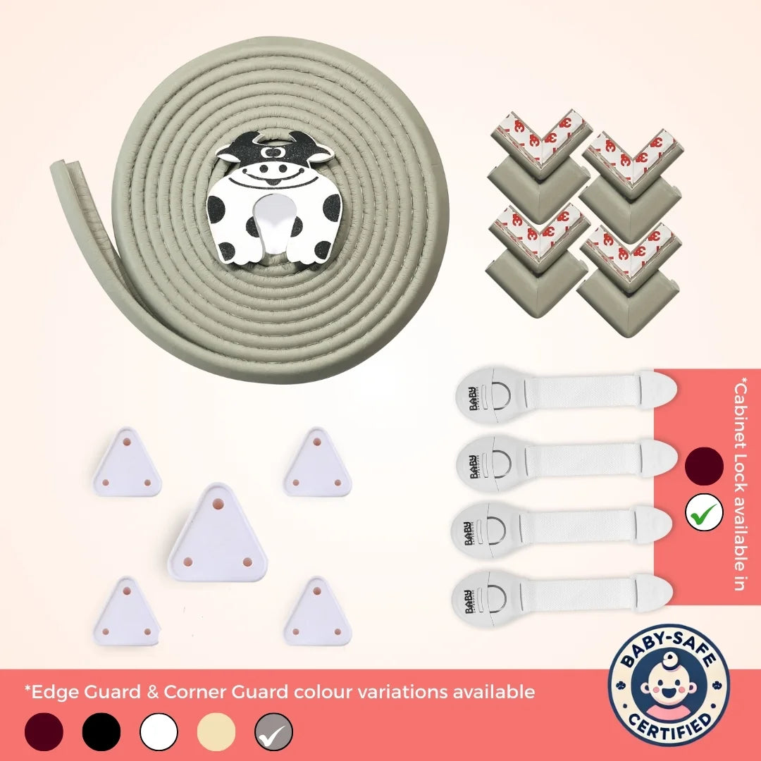 Starter Safety Combo for Household Hazards – Baby Proofing Kit with 19ft Edge Guard, Cabinet Locks, Socket Covers & Door Guards | Starter Safety Combo