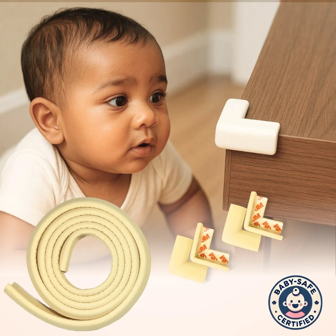 BabySafeHouse Pre-Taped Furniture Edge Guard and Corner Protector - 6.5ft Edge + 4 Corner Guards (Light Brown Color) for Baby Proofing & Child Safety | Mini Shield Combo