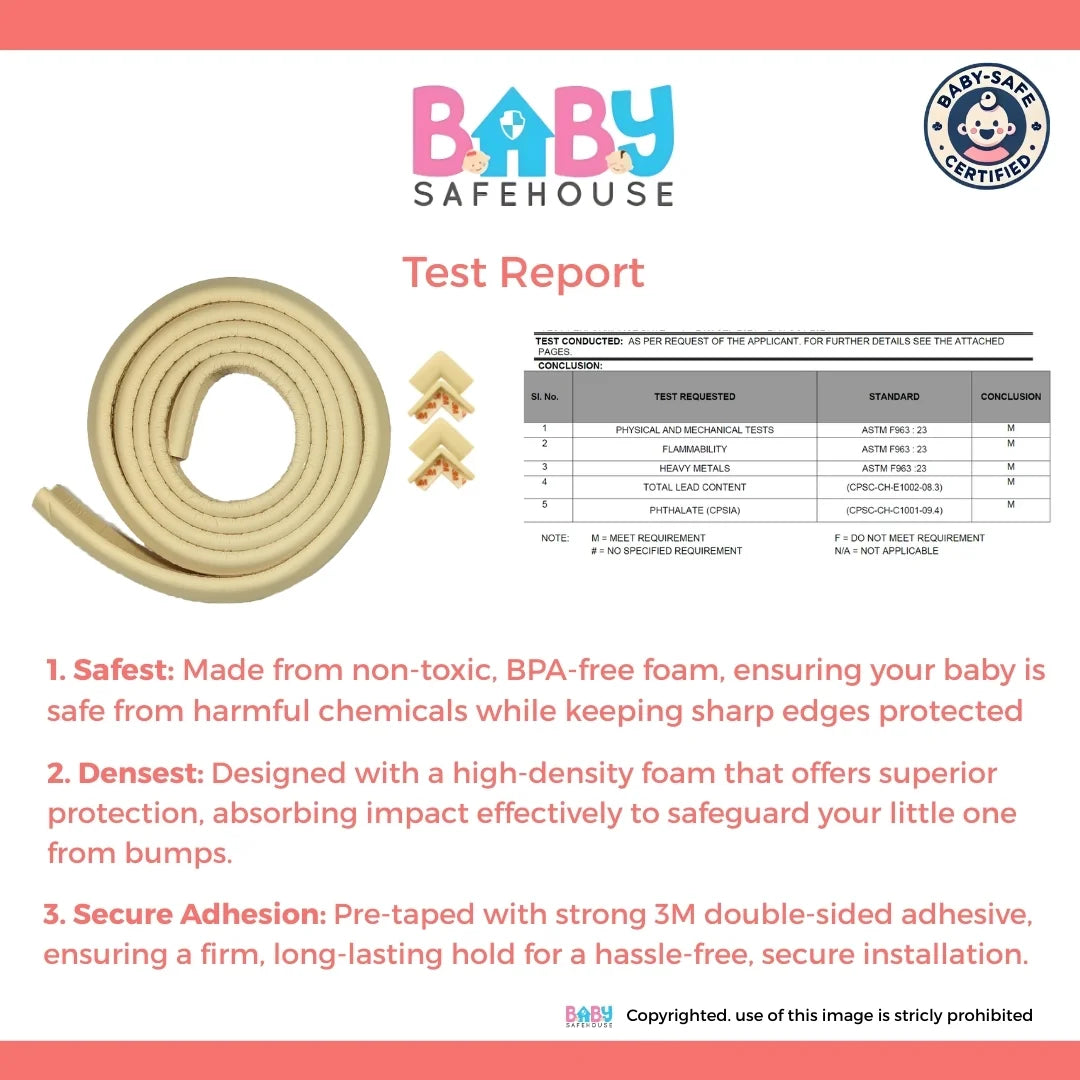 BabySafeHouse Pre-Taped Furniture Edge Guard and Corner Protector - 6.5ft Edge + 4 Corner Guards (Light Brown Color) for Baby Proofing & Child Safety | Mini Shield Combo