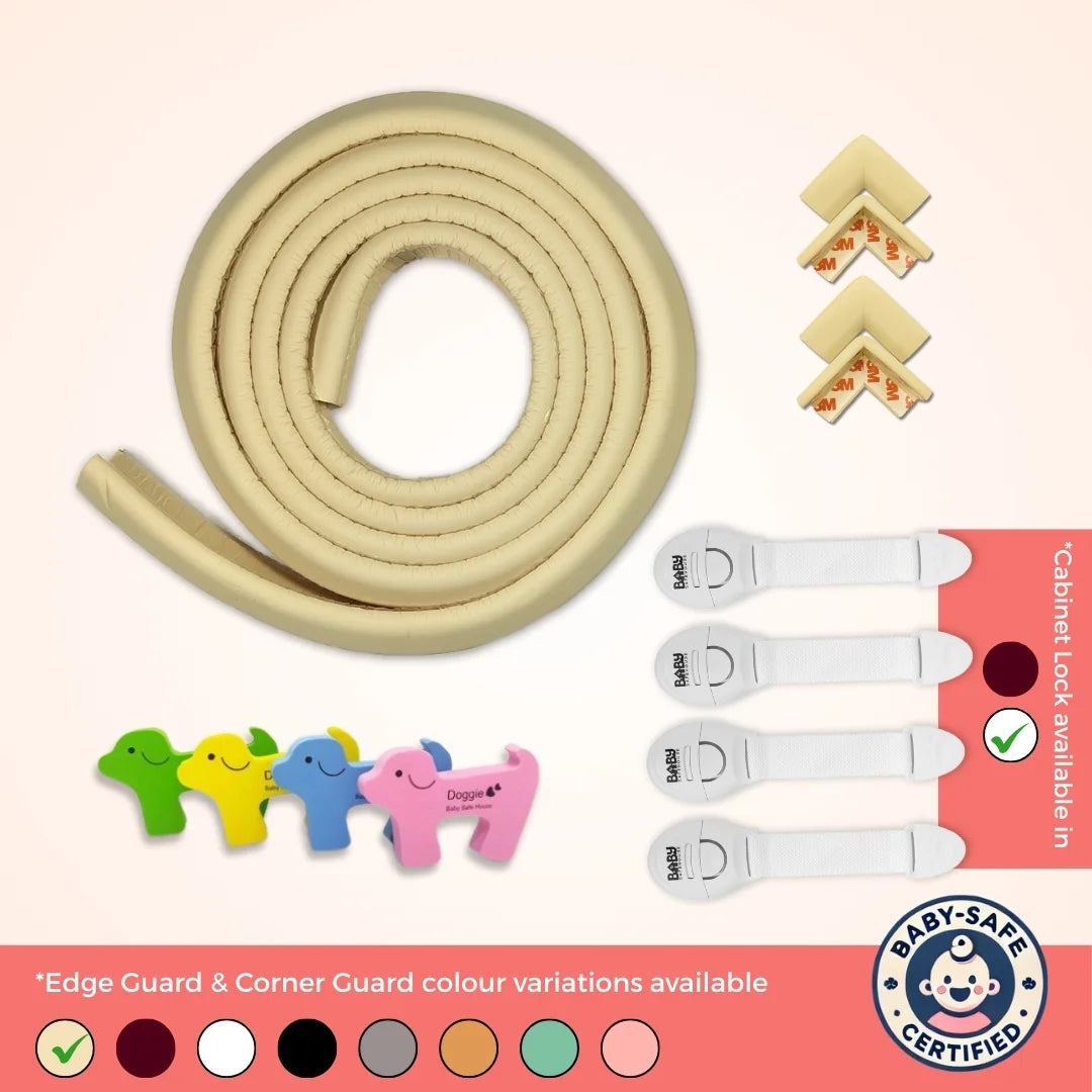 BabySafeHouse Pre-Taped Furniture Edge Guard and Corner Protector - 6.5ft Edge + 4 Corner Guards (Light Brown Color) for Baby Proofing & Child Safety | Mini Shield Combo