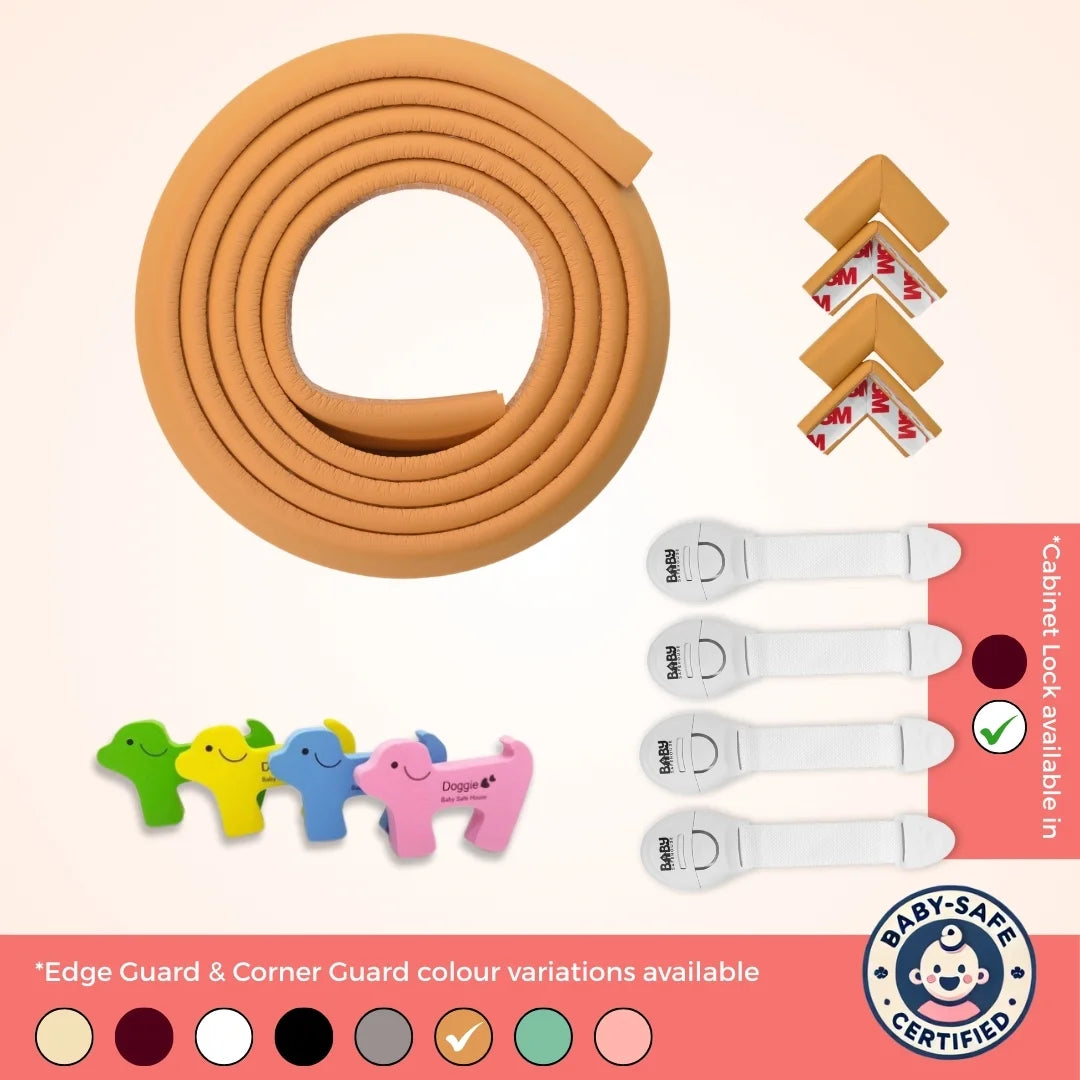 BabySafeHouse Pre-Taped Furniture Edge Guard and Corner Protector - 6.5ft Edge + 4 Corner Guards (Light Brown Color) for Baby Proofing & Child Safety | Mini Shield Combo