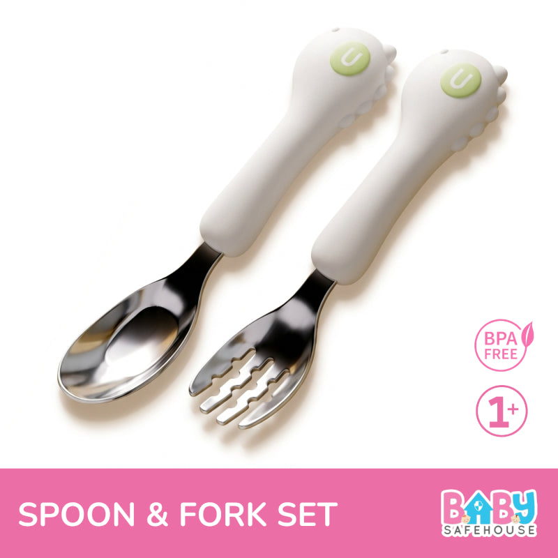 Baby Spoon & Fork Set, Stainless Steel Self-Feeding Cutlery for Toddlers (Big Size)