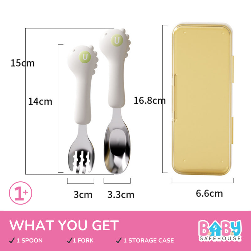 Baby Spoon & Fork Set, Stainless Steel Self-Feeding Cutlery for Toddlers (Big Size)