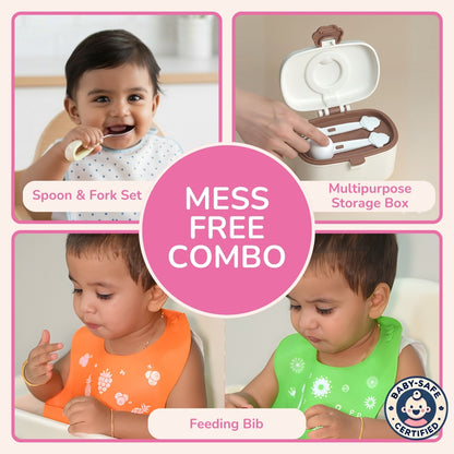 Mess-Free Baby Feeding Combo – Silicone Bib + Spoon & Fork Set + Storage Box
