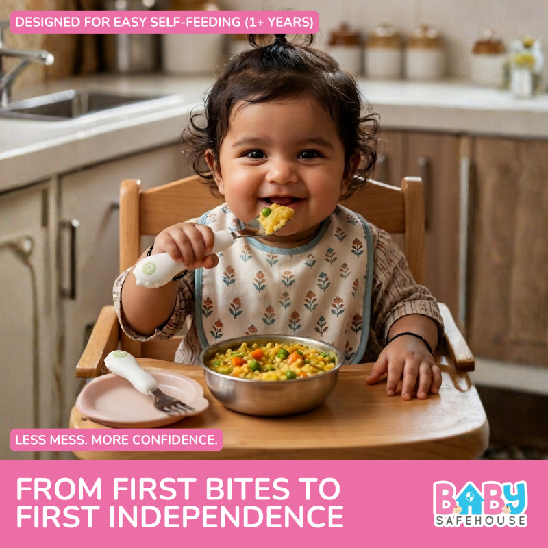 Baby Spoon & Fork Set, Stainless Steel Self-Feeding Cutlery for Toddlers (Big Size)