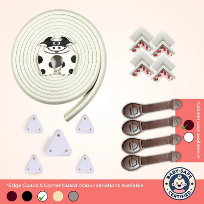 BabySafeHouse Starter Safety Combo for Household Hazards – Baby Proofing Kit with 19ft Edge Guard, Cabinet Locks, Socket Covers & Door Guards | Starter Safety Combo