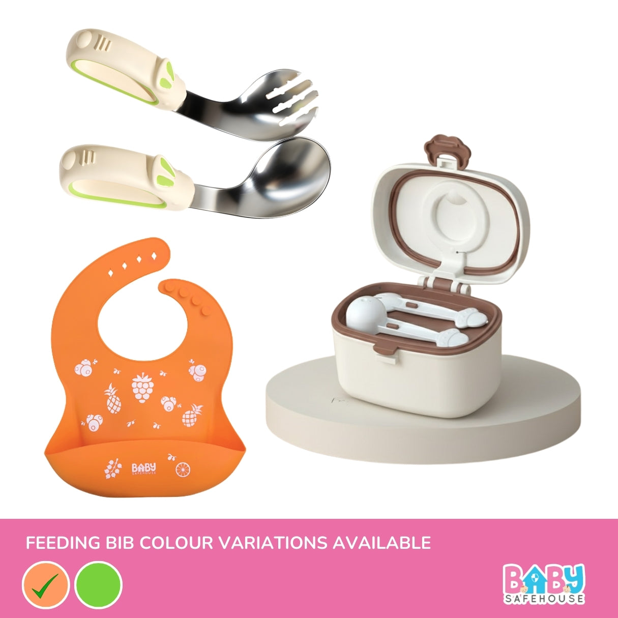 Mess-Free Baby Feeding Combo – Silicone Bib + Spoon & Fork Set + Storage Box