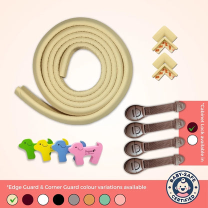 BabySafeHouse Pre-Taped Furniture Edge Guard and Corner Protector - 6.5ft Edge + 4 Corner Guards (Light Brown Color) for Baby Proofing & Child Safety | Mini Shield Combo