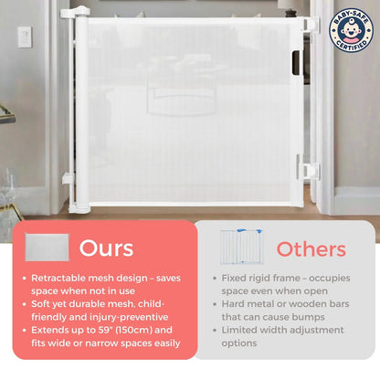 BabySafeHouse Retractable Safety Gate for Baby and Pet Safety, Space-Saving Mesh & Easy to Install