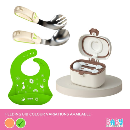 Mess-Free Baby Feeding Combo – Silicone Bib + Spoon & Fork Set + Storage Box