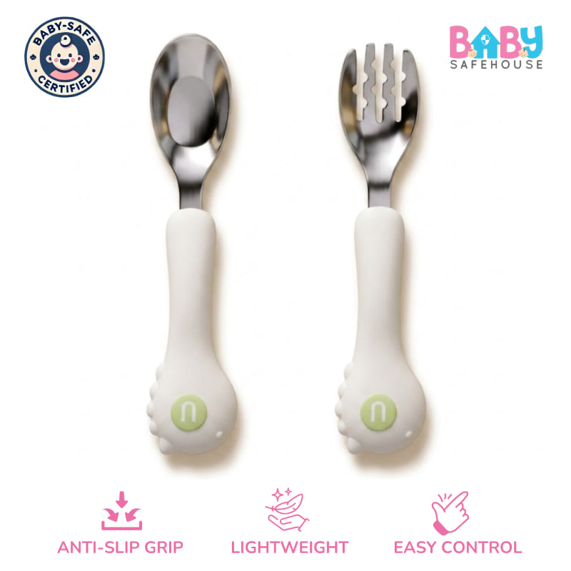 Baby Spoon & Fork Set, Stainless Steel Self-Feeding Cutlery for Toddlers (Big Size)