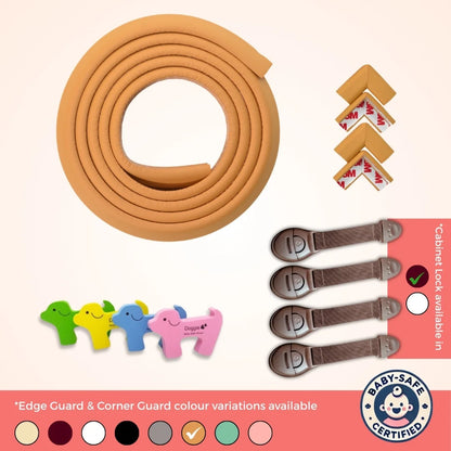 BabySafeHouse Pre-Taped Furniture Edge Guard and Corner Protector - 6.5ft Edge + 4 Corner Guards (Light Brown Color) for Baby Proofing & Child Safety | Mini Shield Combo