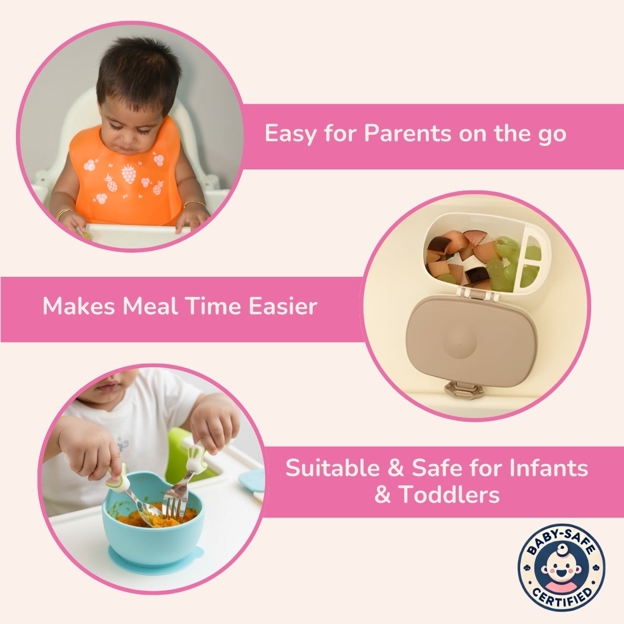 Mess-Free Baby Feeding Combo – Silicone Bib + Spoon & Fork Set + Storage Box