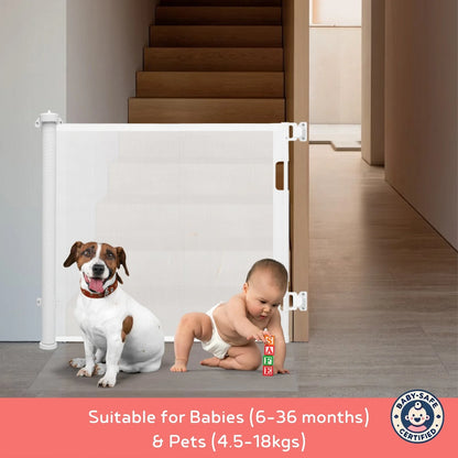 BabySafeHouse Retractable Safety Gate for Baby and Pet Safety, Space-Saving Mesh & Easy to Install