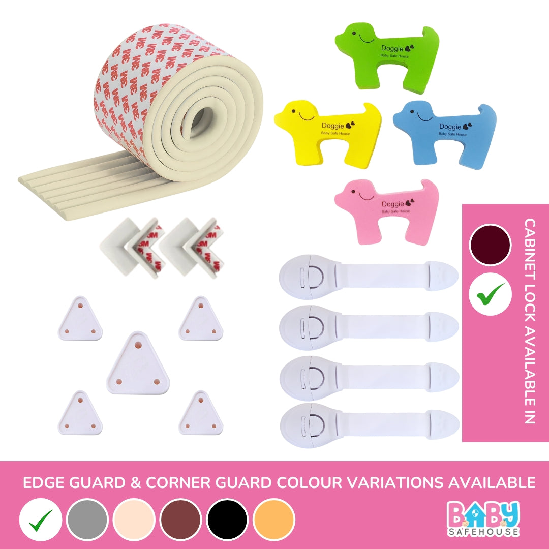 All-in-One Baby Proofing Kit – Edge & Corner Guards + Socket Covers + Door Guards + Cabinet Locks